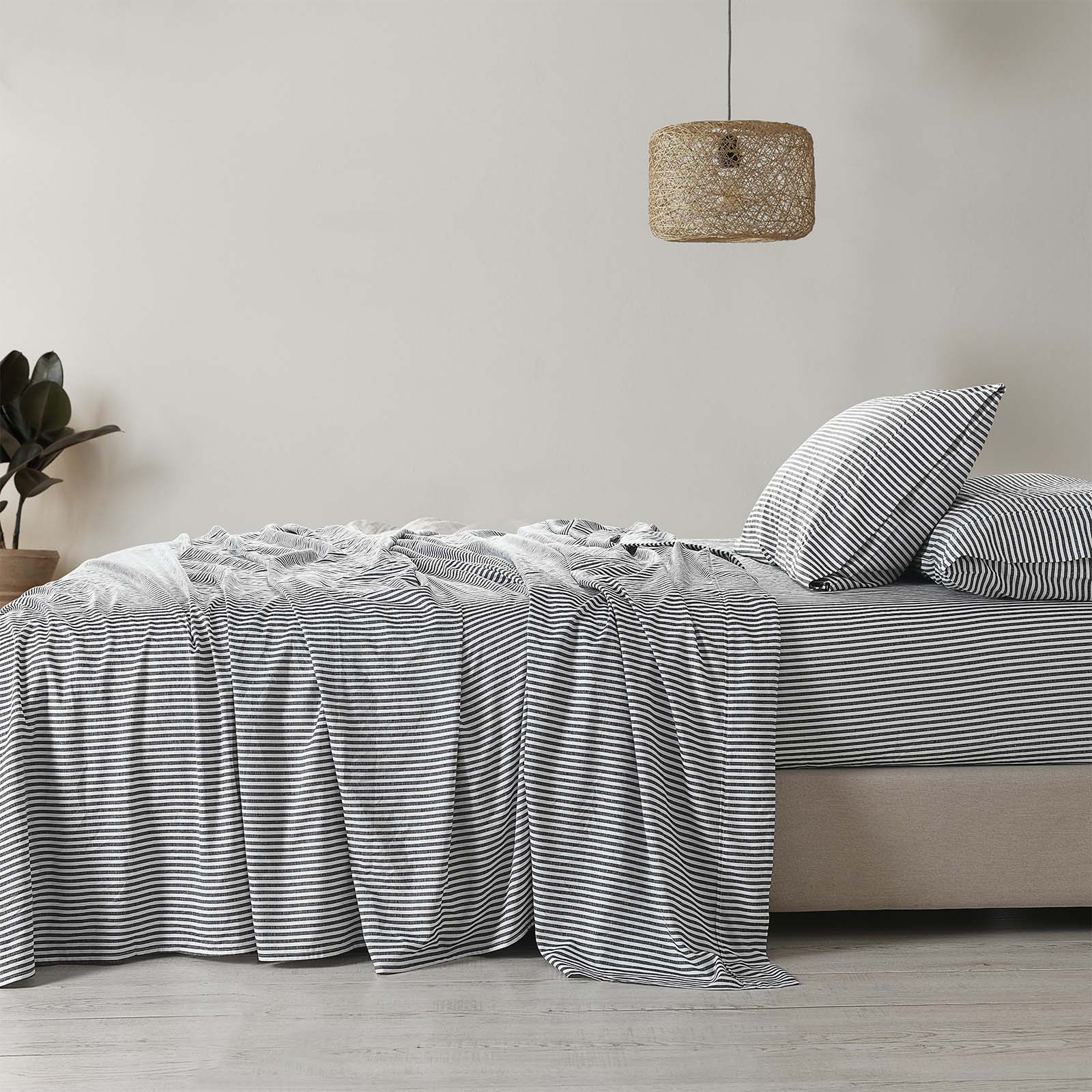 Royal Comfort Stripes Linen Blend Sheet Set Bedding Luxury Breathable Ultra Soft - Queen - Charcoal-Home &amp; Garden &gt; Bedding-PEROZ Accessories