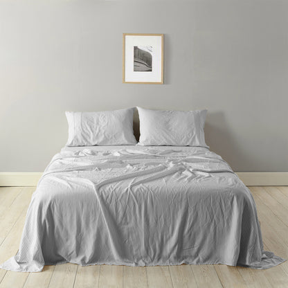 Royal Comfort Stripes Linen Blend Sheet Set Bedding Luxury Breathable Ultra Soft - Queen - Grey-Home &amp; Garden &gt; Bedding-PEROZ Accessories