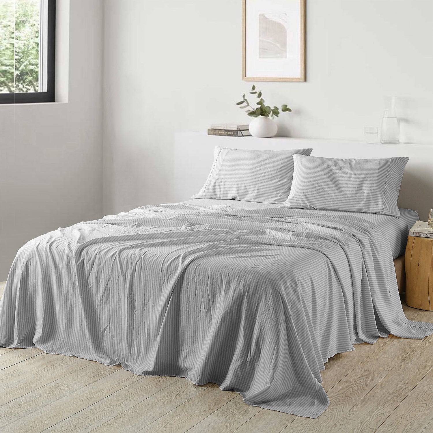 Royal Comfort Stripes Linen Blend Sheet Set Bedding Luxury Breathable Ultra Soft - Queen - Grey-Home &amp; Garden &gt; Bedding-PEROZ Accessories