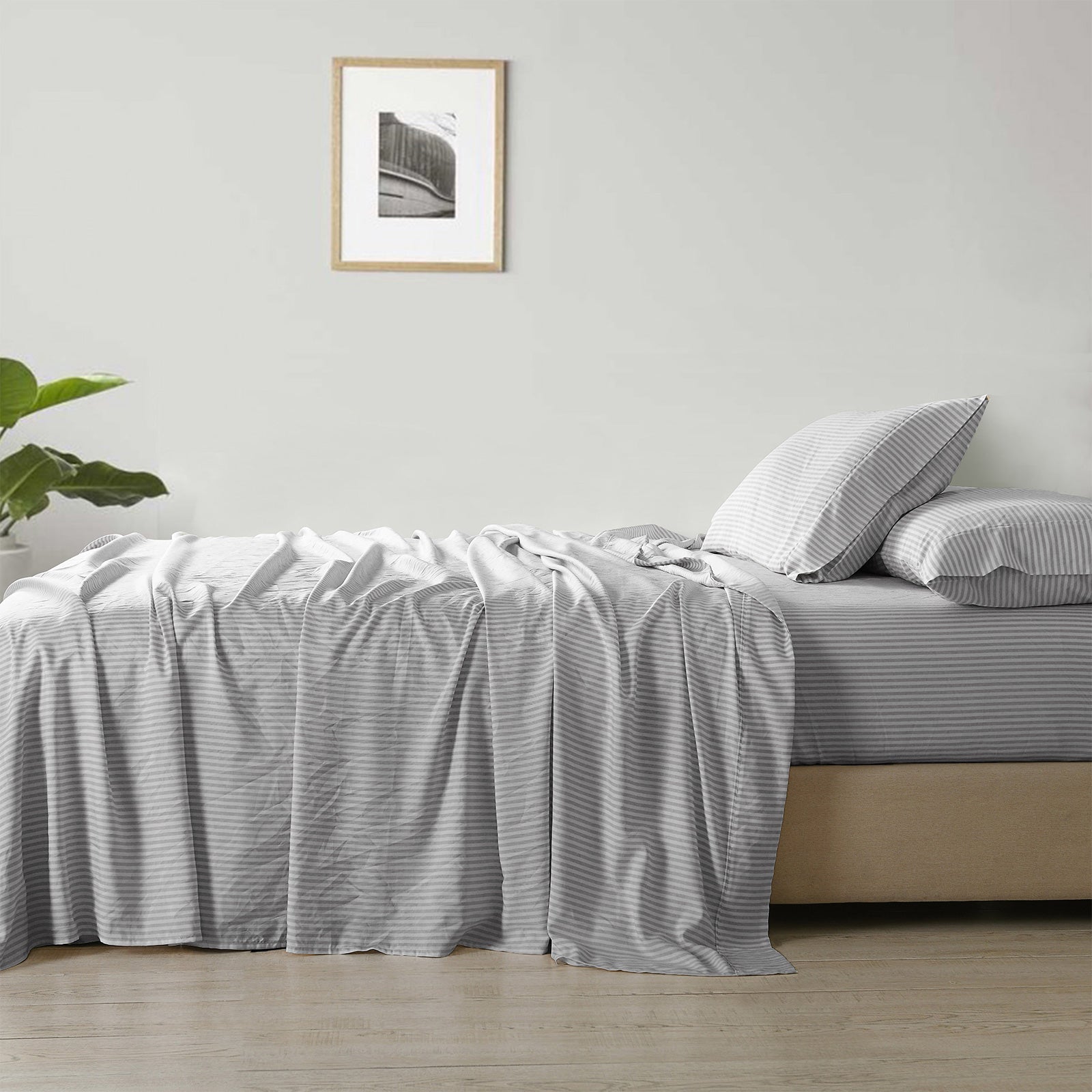 Royal Comfort Stripes Linen Blend Sheet Set Bedding Luxury Breathable Ultra Soft - Queen - Grey-Home &amp; Garden &gt; Bedding-PEROZ Accessories