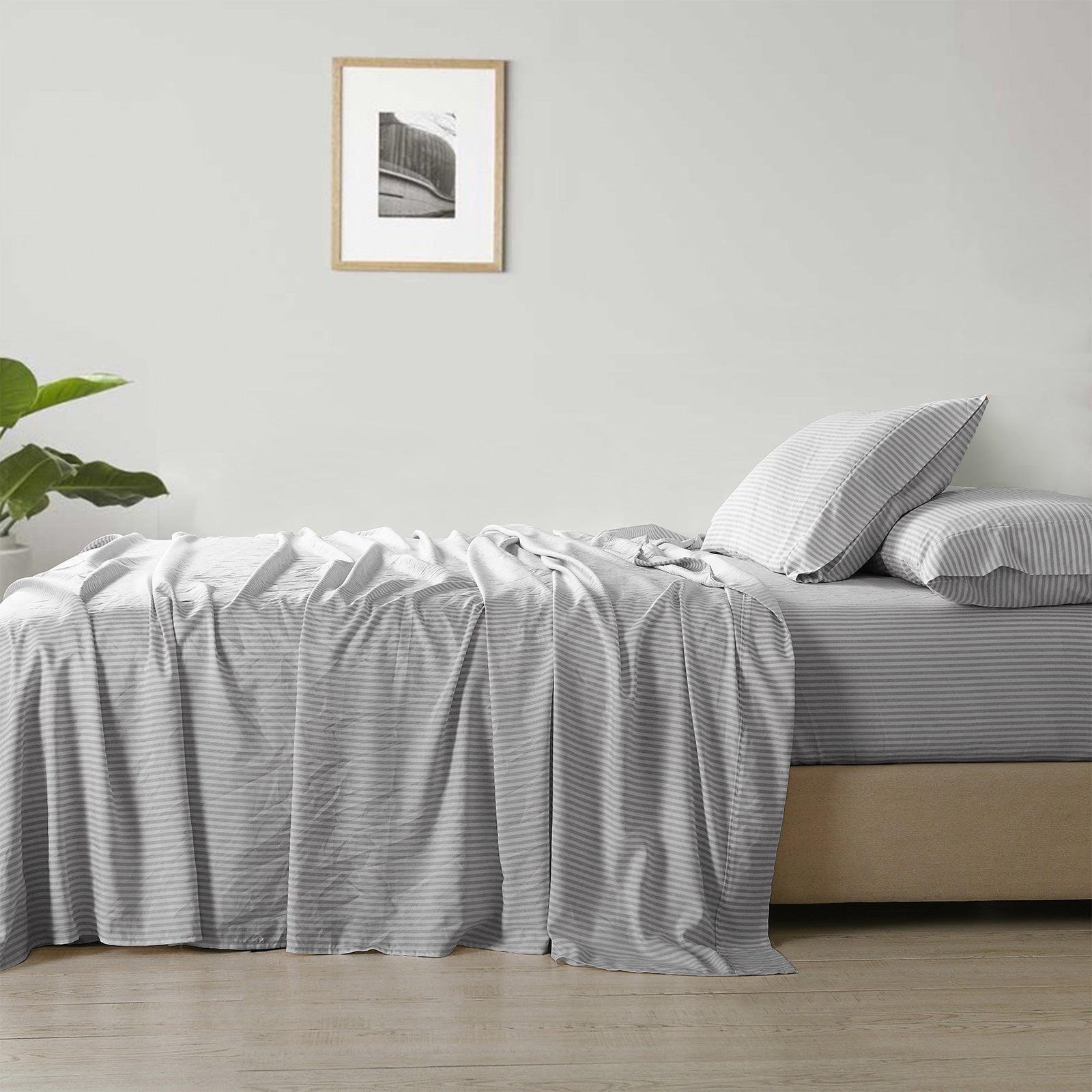 Royal Comfort Stripes Linen Blend Sheet Set Bedding Luxury Breathable Ultra Soft - King - Grey-Home &amp; Garden &gt; Bedding-PEROZ Accessories