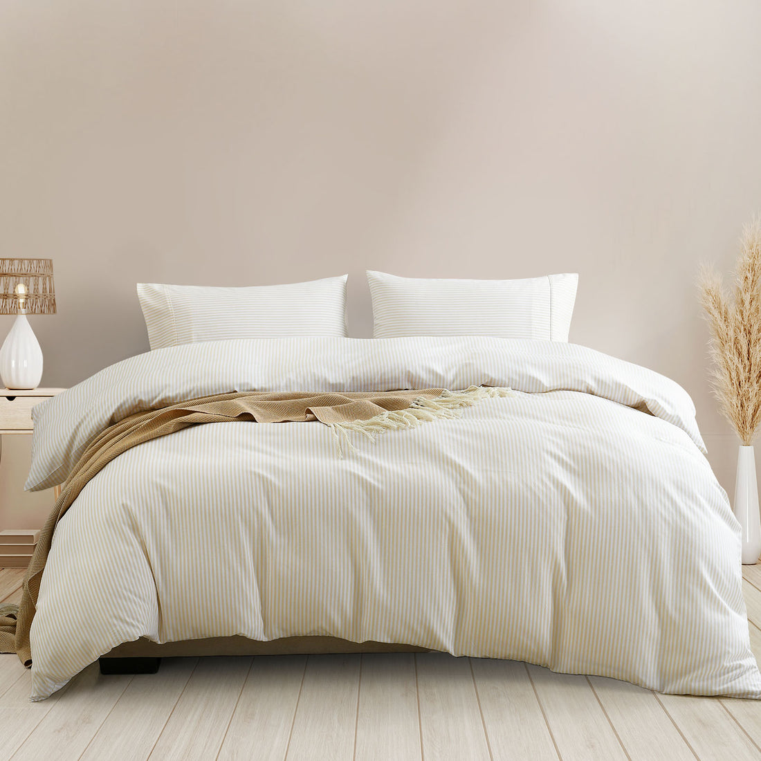 Royal Comfort Striped Flax Linen Blend Quilt Cover Set Soft Touch Bedding - Queen - Beige-Home & Garden > Bedding-PEROZ Accessories
