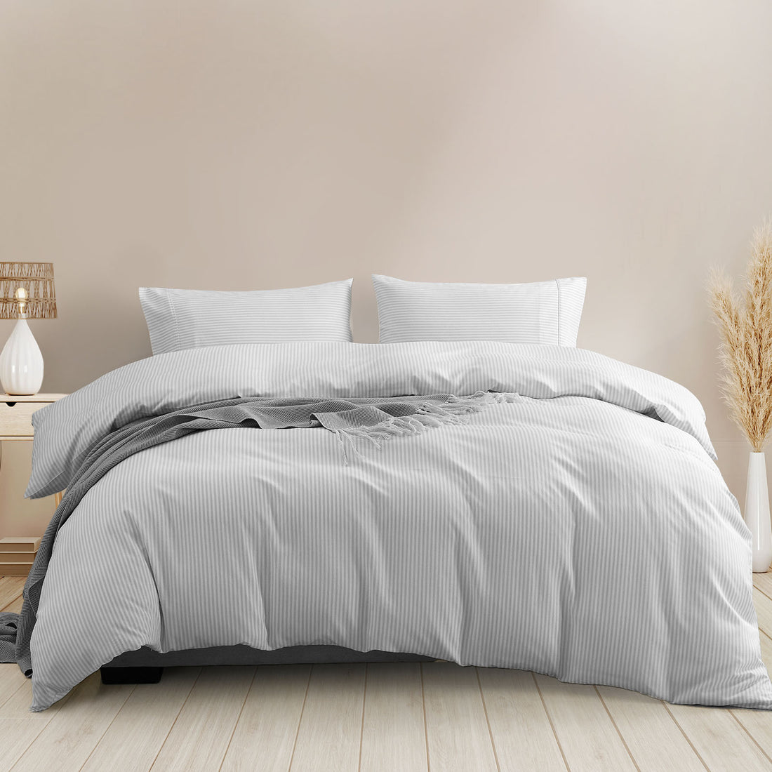 Royal Comfort Striped Flax Linen Blend Quilt Cover Set Soft Touch Bedding - Queen - Grey-Home & Garden > Bedding-PEROZ Accessories