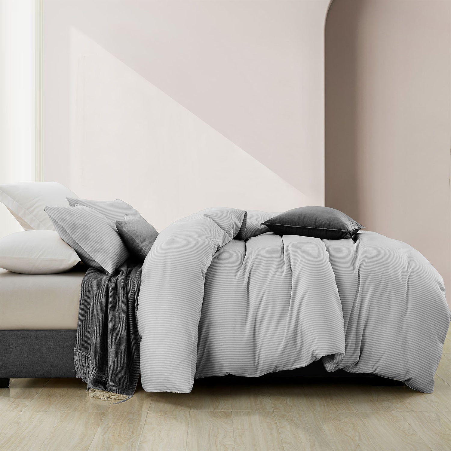 Royal Comfort Striped Flax Linen Blend Quilt Cover Set Soft Touch Bedding - King - Grey-Home &amp; Garden &gt; Bedding-PEROZ Accessories