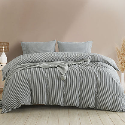 Royal Comfort Striped Flax Linen Blend Quilt Cover Set Soft Touch Bedding - King - Charcoal-Home &amp; Garden &gt; Bedding-PEROZ Accessories