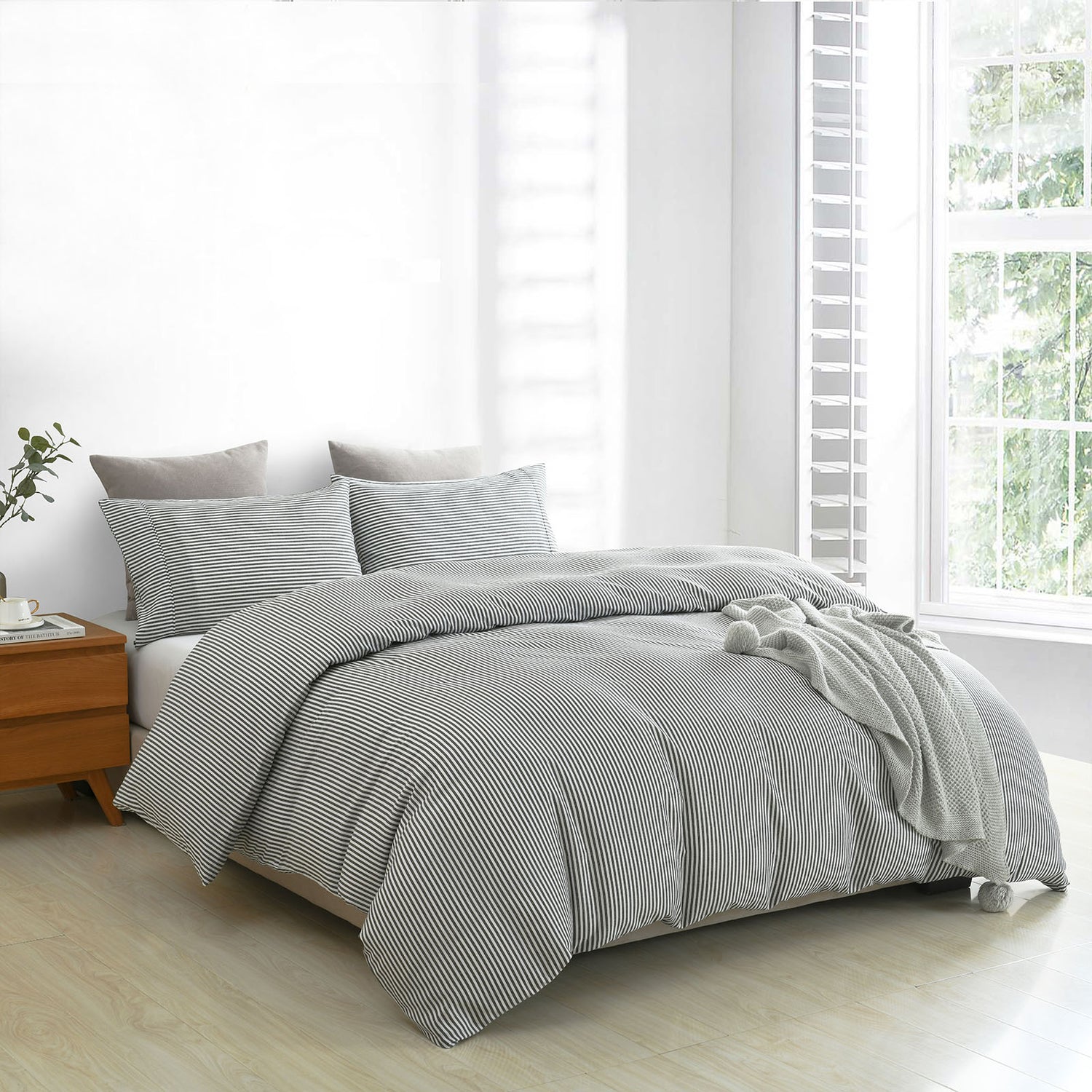 Royal Comfort Striped Flax Linen Blend Quilt Cover Set Soft Touch Bedding - King - Charcoal-Home &amp; Garden &gt; Bedding-PEROZ Accessories