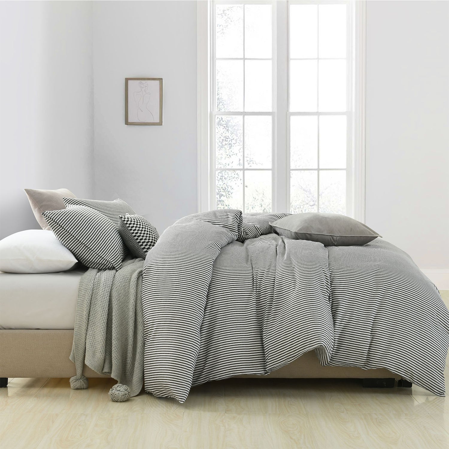 Royal Comfort Striped Flax Linen Blend Quilt Cover Set Soft Touch Bedding - King - Charcoal-Home &amp; Garden &gt; Bedding-PEROZ Accessories