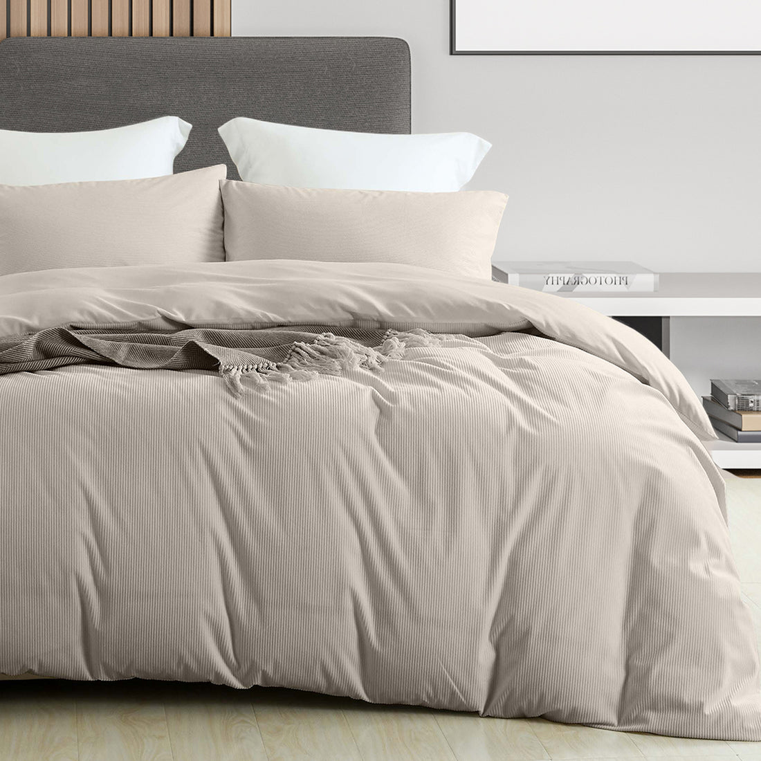 Royal Comfort Velvet Corduroy Quilt Cover Set Super Soft Luxurious Warmth - Queen - Beige-Home &amp; Garden &gt; Bedding-PEROZ Accessories