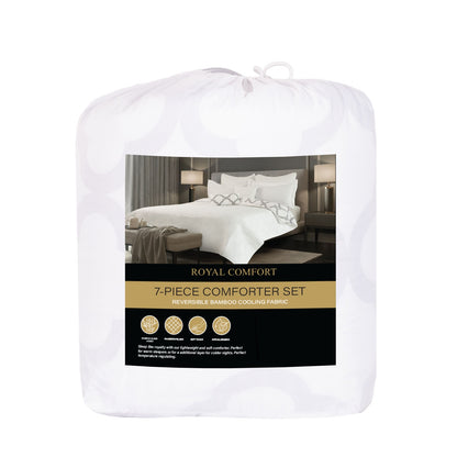 Royal Comfort Bamboo Cooling Reversible 7 Piece Comforter Set Bedspread - Queen - White-Bed Sheets-PEROZ Accessories