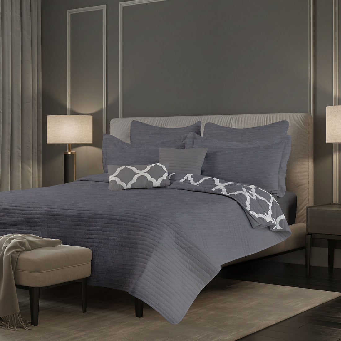 Royal Comfort Bamboo Cooling Reversible 7 Piece Comforter Set Bedspread - Queen - Charcoal-Bed Sheets-PEROZ Accessories