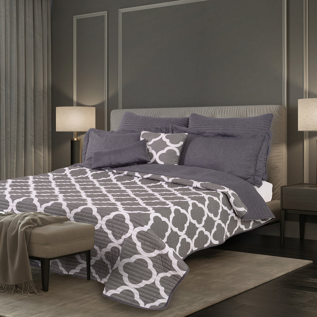 Royal Comfort Bamboo Cooling Reversible 7 Piece Comforter Set Bedspread - Queen - Charcoal-Bed Sheets-PEROZ Accessories