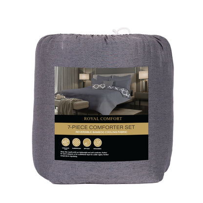 Royal Comfort Bamboo Cooling Reversible 7 Piece Comforter Set Bedspread - Queen - Charcoal-Bed Sheets-PEROZ Accessories