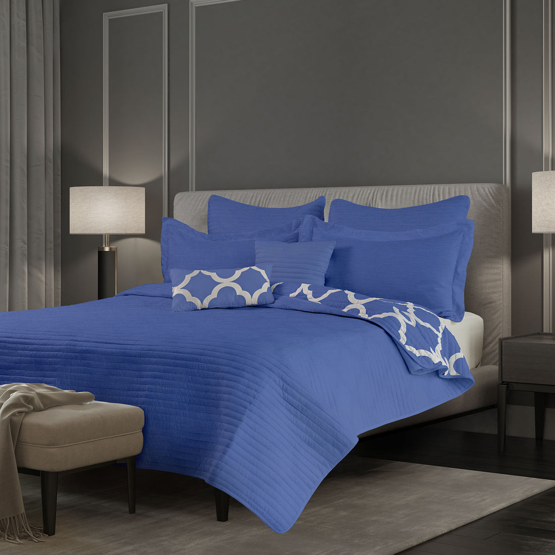 Royal Comfort Bamboo Cooling Reversible 7 Piece Comforter Set Bedspread - Queen - Royal Blue-Bed Sheets-PEROZ Accessories