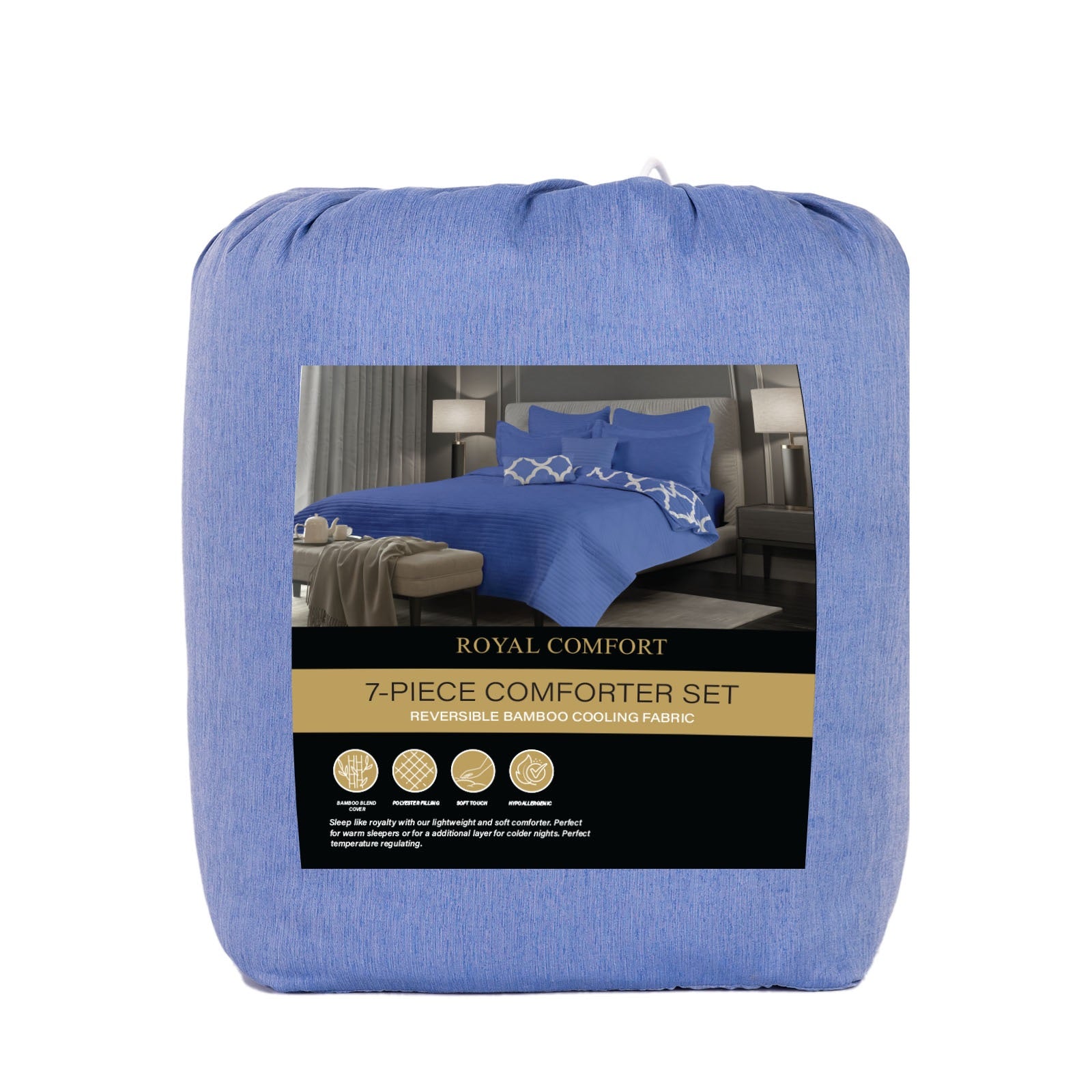 Royal Comfort Bamboo Cooling Reversible 7 Piece Comforter Set Bedspread - Queen - Royal Blue-Bed Sheets-PEROZ Accessories