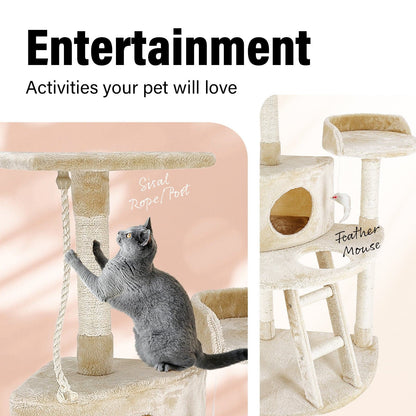4Paws Cat Tree Scratching Post House Furniture Bed Luxury Plush Play 120cm - Beige-Cat Trees-PEROZ Accessories