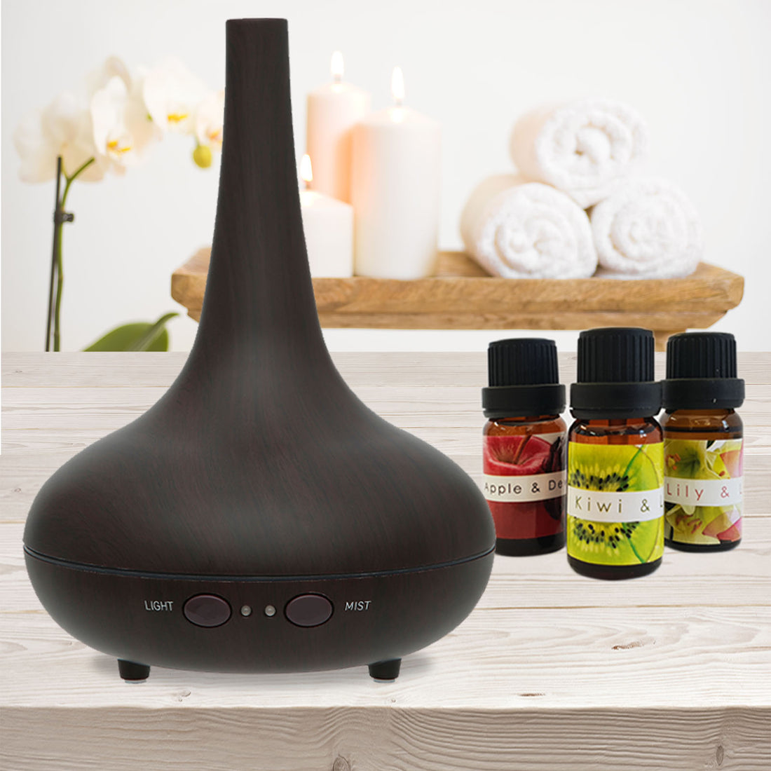 Essential Oil Diffuser Ultrasonic Humidifier Aromatherapy LED Light 200ML 3 Oils - Dark Wood Grain-Aroma Diffusers &amp; Humidifiers-PEROZ Accessories