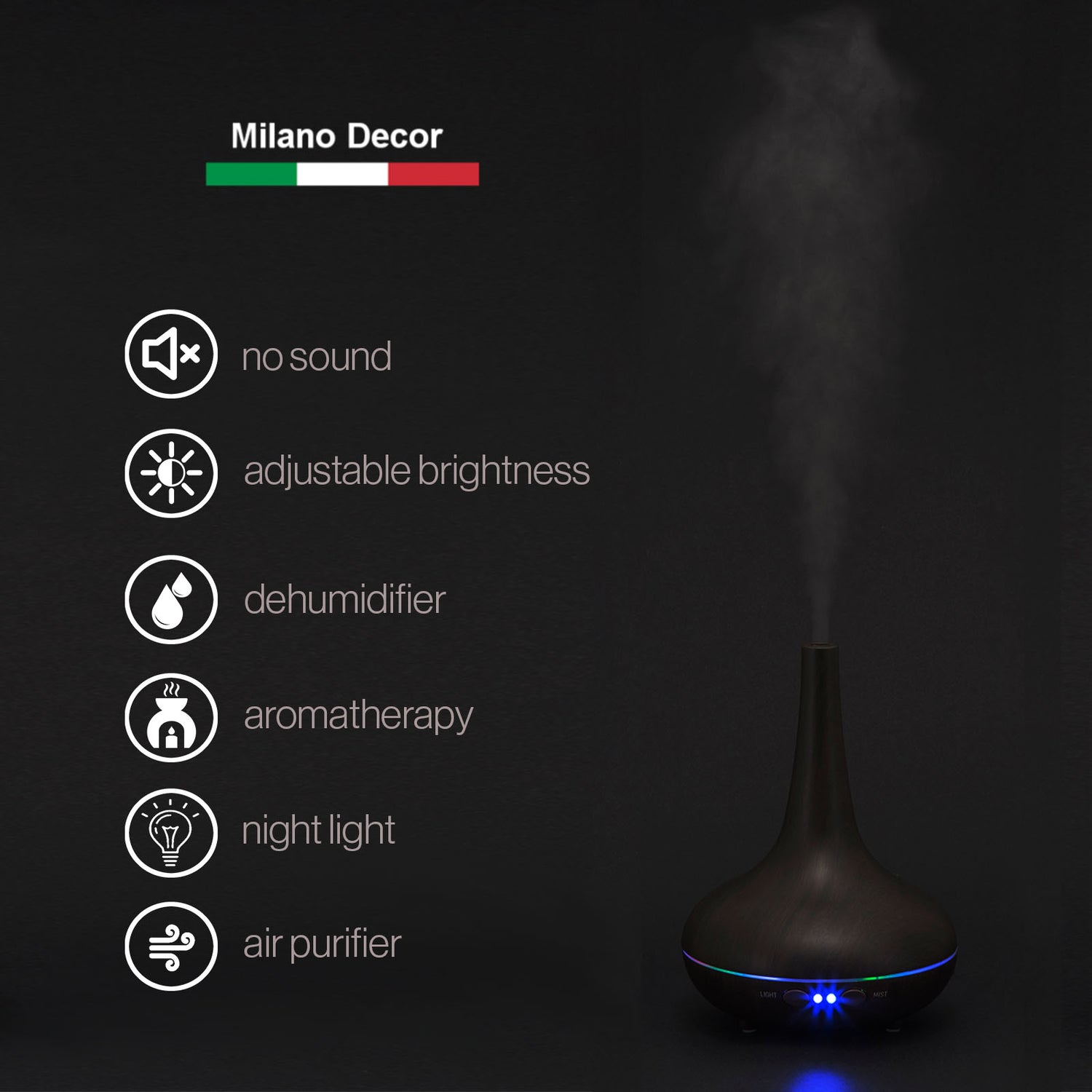 Essential Oil Diffuser Ultrasonic Humidifier Aromatherapy LED Light 200ML 3 Oils - Dark Wood Grain-Aroma Diffusers &amp; Humidifiers-PEROZ Accessories
