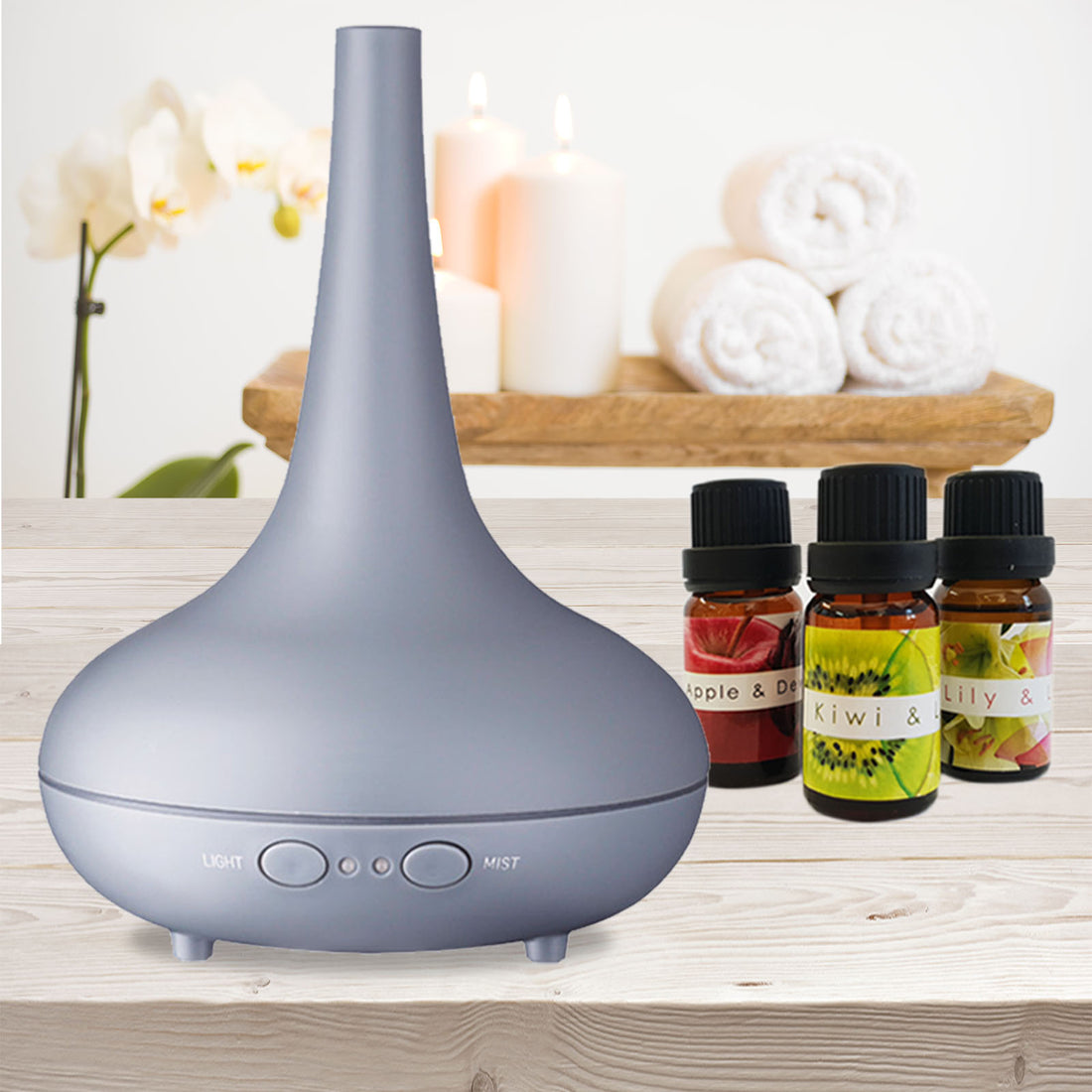 Essential Oil Diffuser Ultrasonic Humidifier Aromatherapy LED Light 200ML 3 Oils - Matte Grey-Aroma Diffusers &amp; Humidifiers-PEROZ Accessories