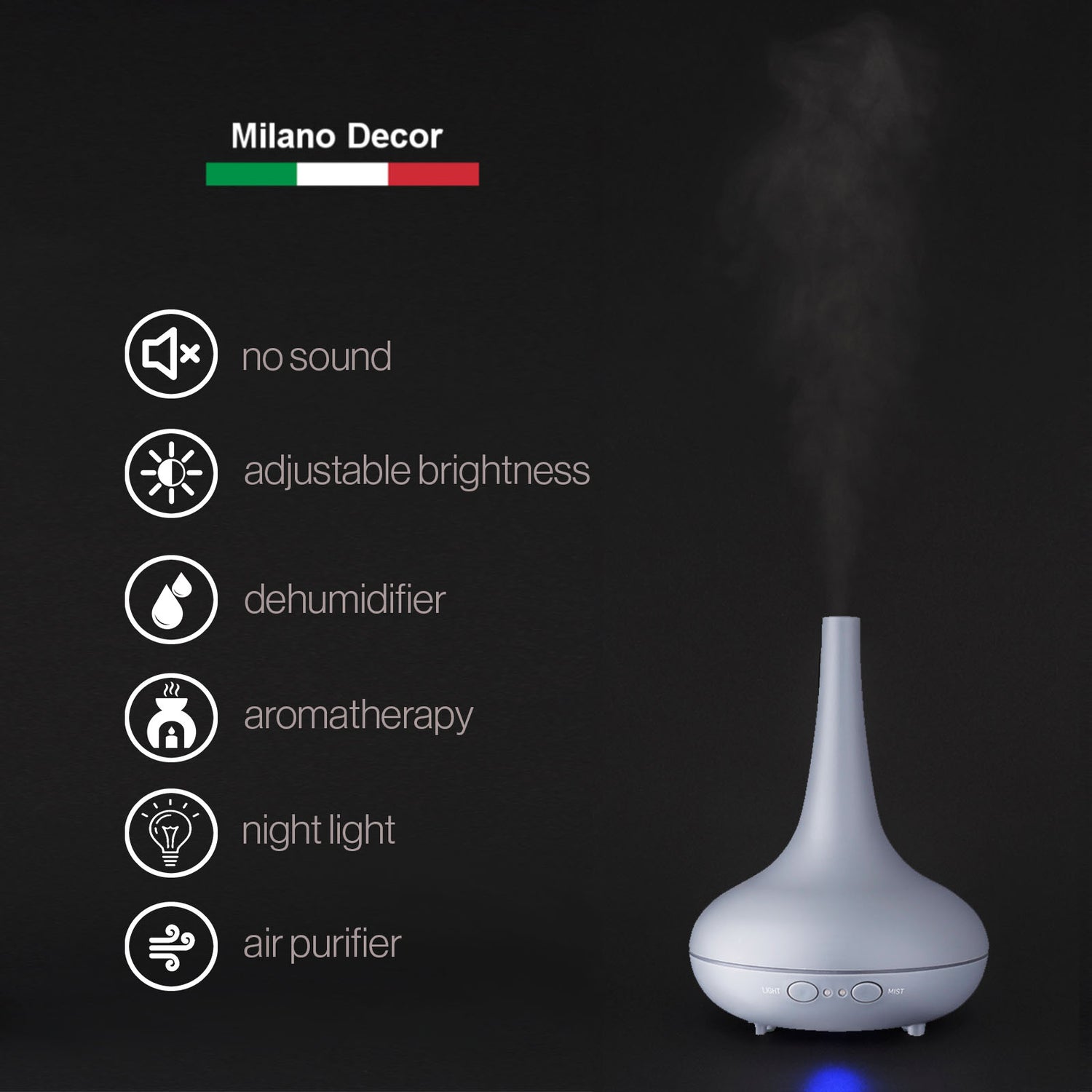 Essential Oil Diffuser Ultrasonic Humidifier Aromatherapy LED Light 200ML 3 Oils - Matte Grey-Aroma Diffusers &amp; Humidifiers-PEROZ Accessories