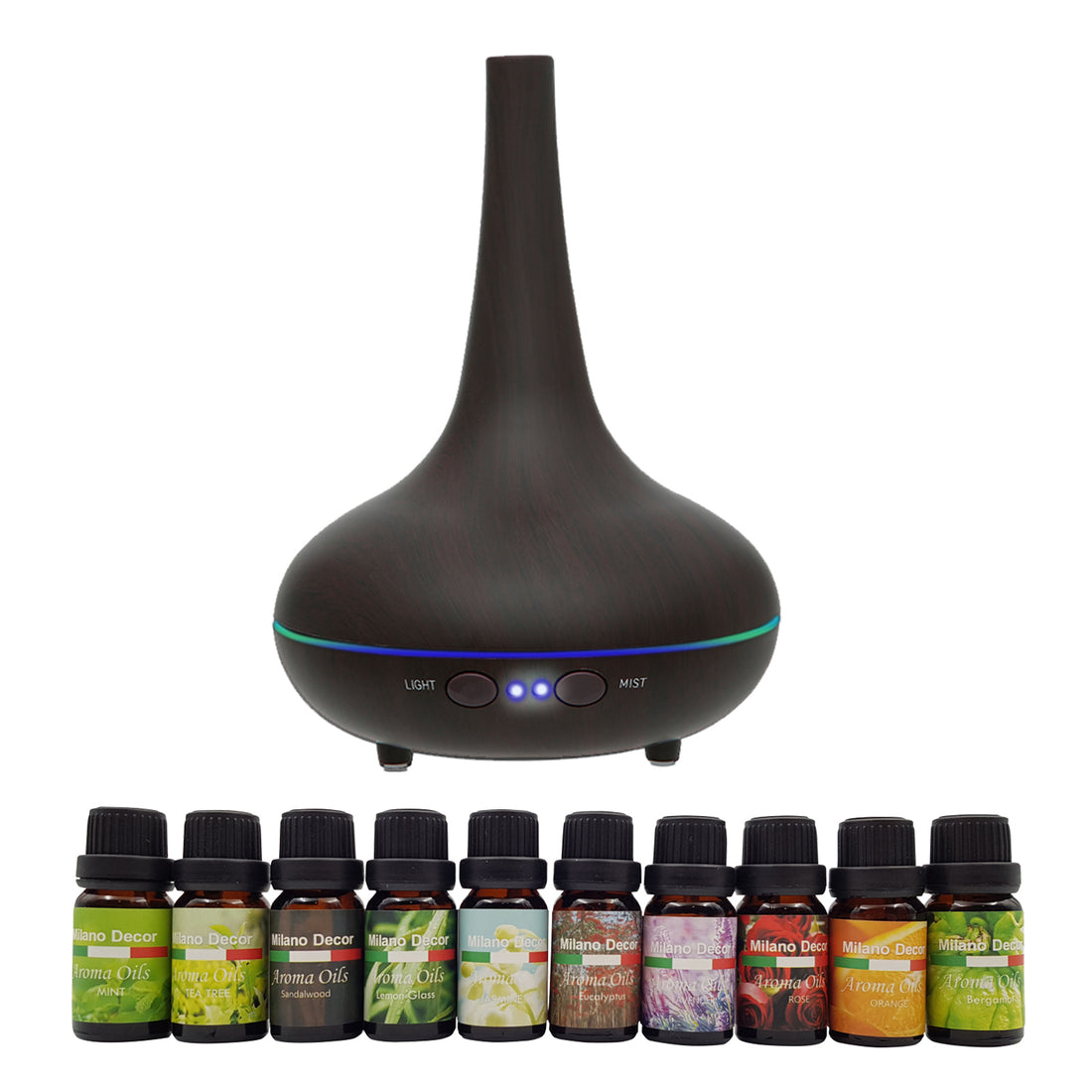 Milano Aroma Diffuser Set With 13 Pack Diffuser Oils Humidifier Aromatherapy - Dark Wood-Aroma Diffusers & Humidifiers-PEROZ Accessories