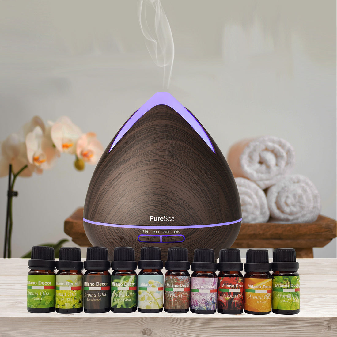 Purespa Diffuser Set With 10 Pack Diffuser Oils Humidifier Aromatherapy - Dark Wood-Aroma Diffusers &amp; Humidifiers-PEROZ Accessories