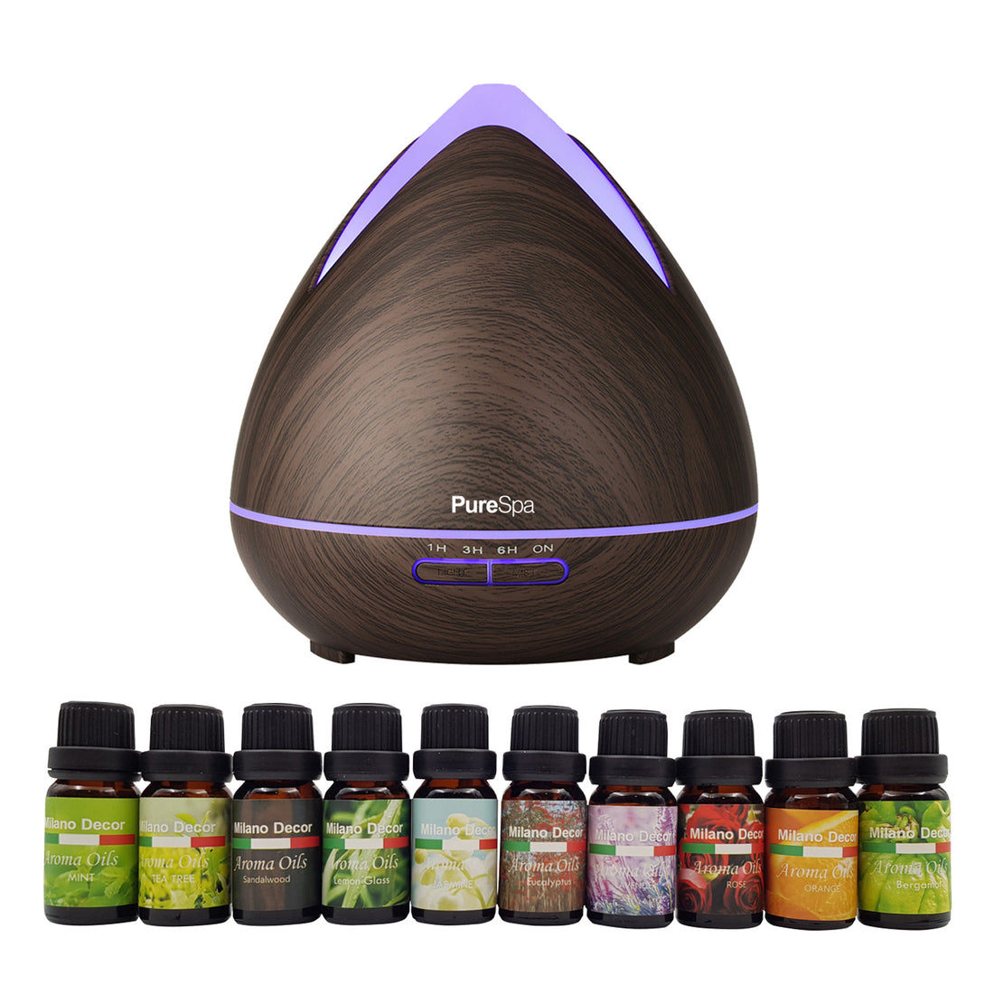 Purespa Diffuser Set With 10 Pack Diffuser Oils Humidifier Aromatherapy - Dark Wood-Aroma Diffusers &amp; Humidifiers-PEROZ Accessories