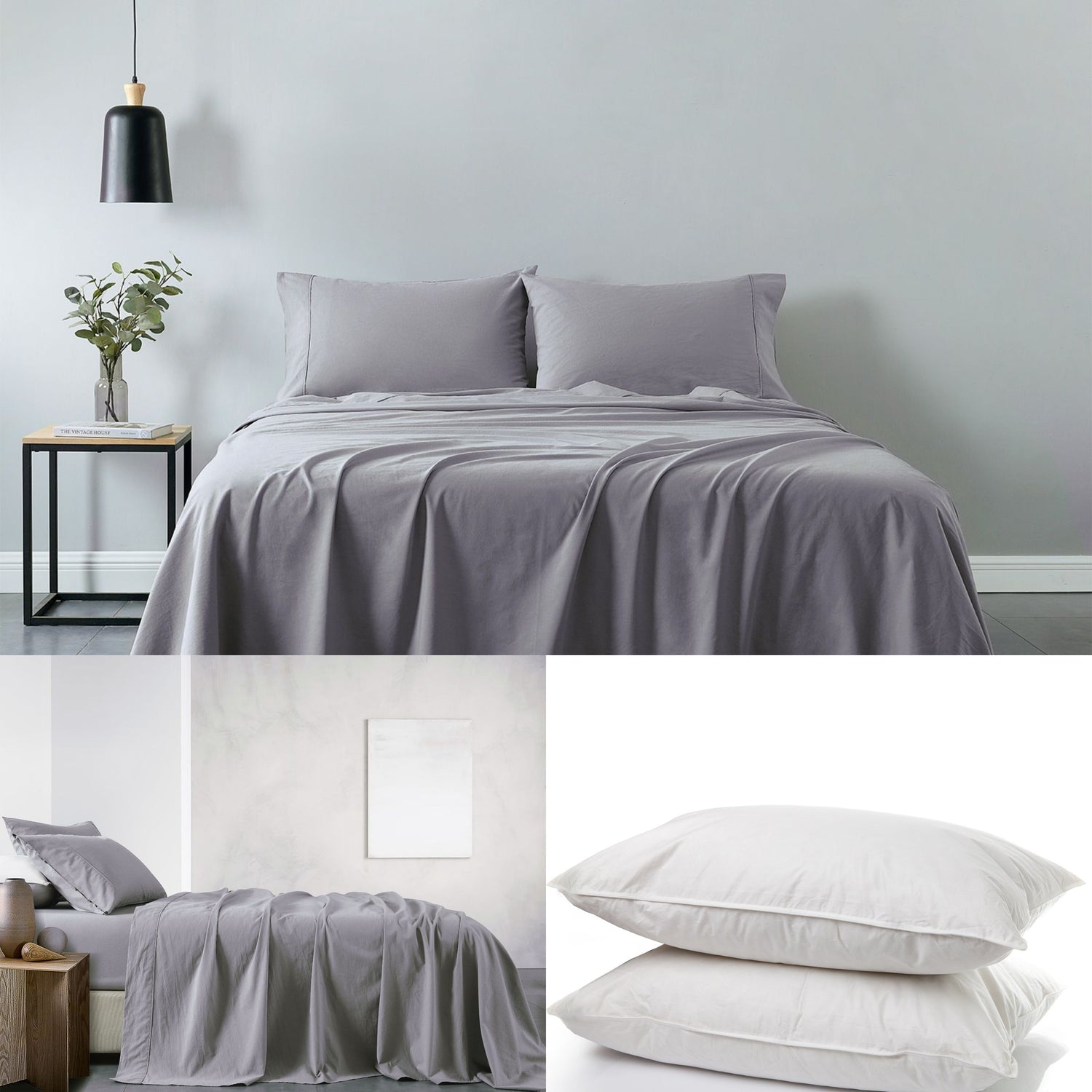 Royal Comfort 100% Cotton Vintage Sheet Set And 2 Duck Feather Down Pillows Set - Single - Grey-Home &amp; Garden &gt; Bedding-PEROZ Accessories