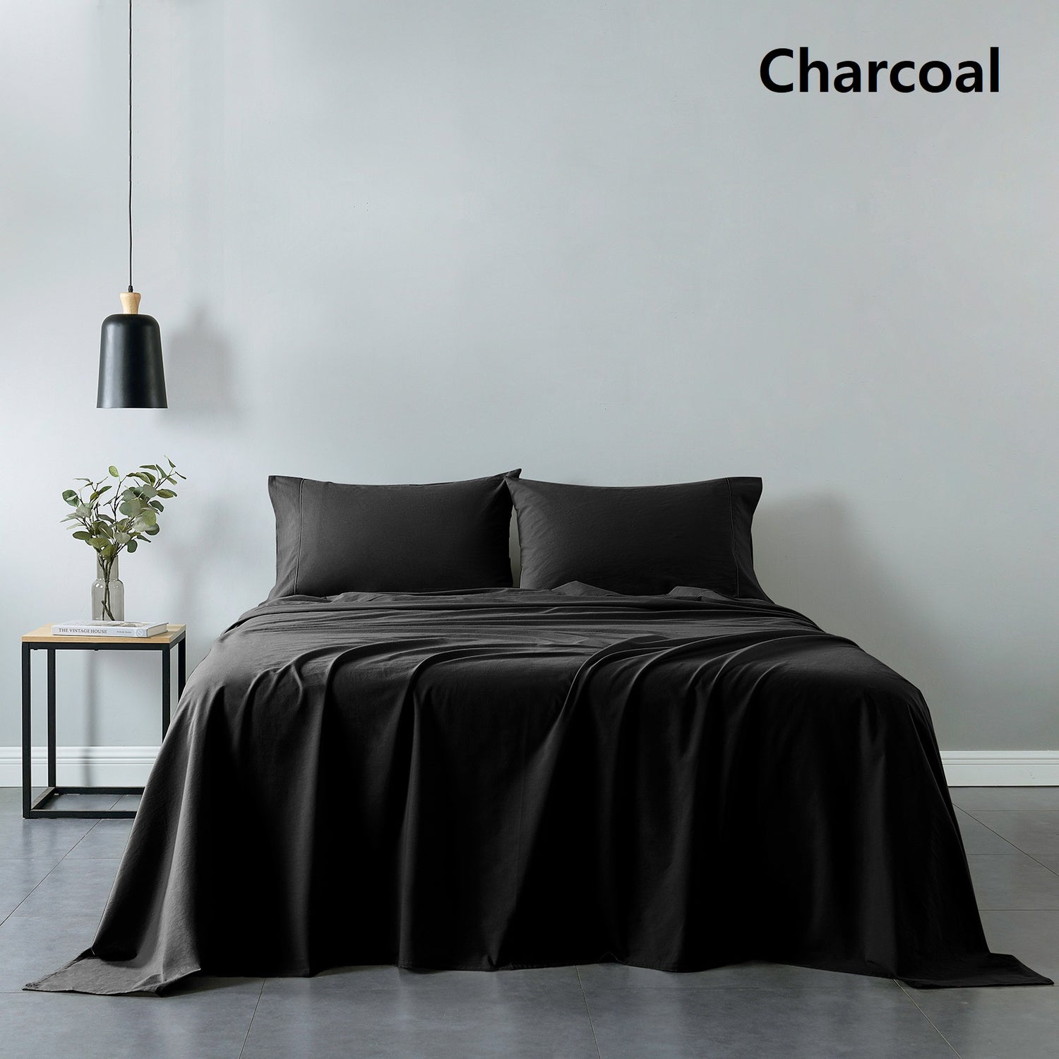 Royal Comfort 100% Cotton Vintage Sheet Set And 2 Duck Feather Down Pillows Set - King - Charcoal-Home &amp; Garden &gt; Bedding-PEROZ Accessories