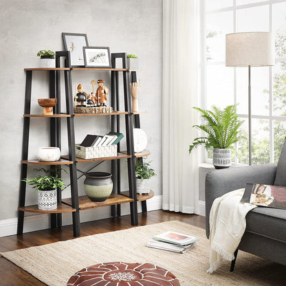 Rustic brown and black steel Metal Frame 4 Tier bookshelf-Bookcases &amp; Shelves-PEROZ Accessories