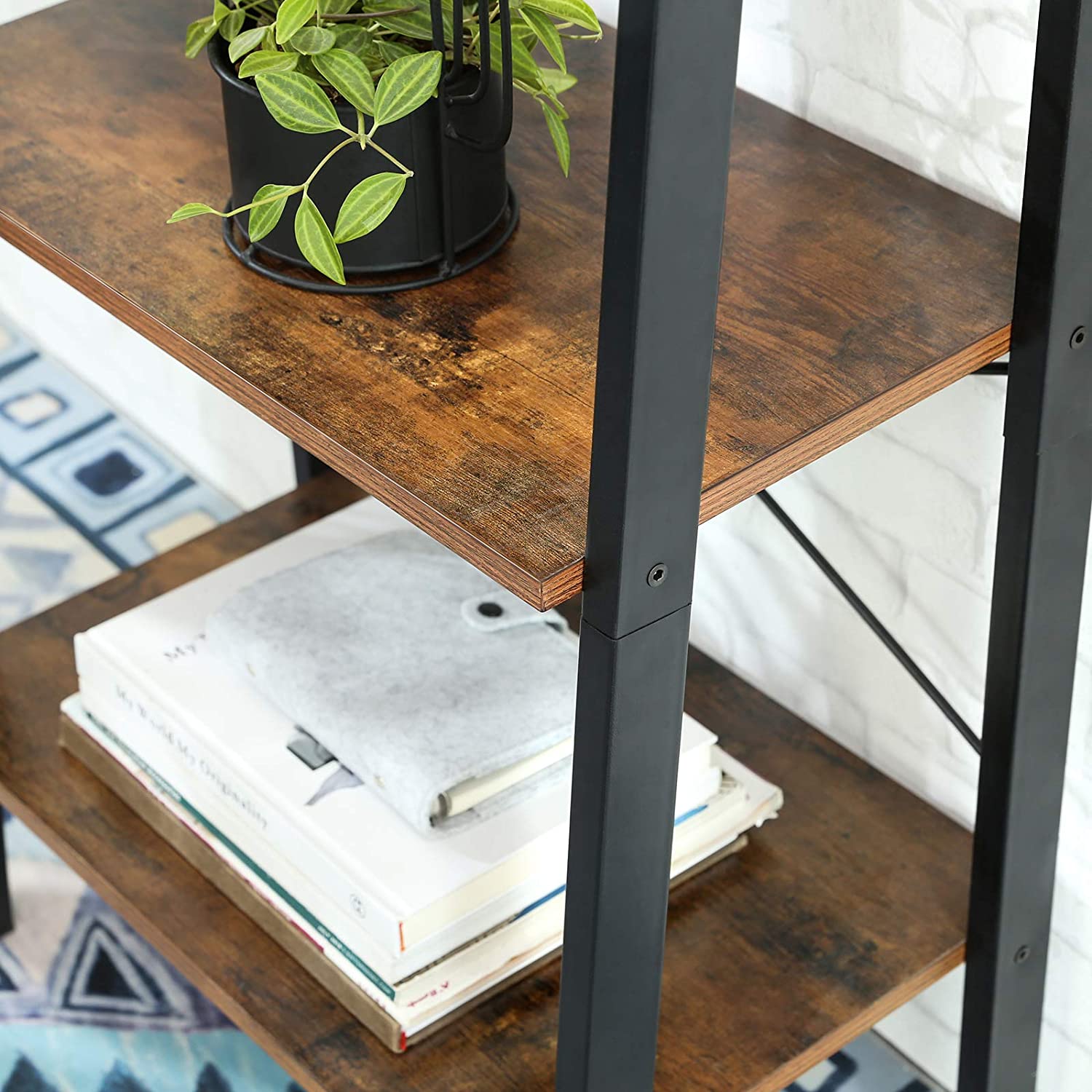Rustic brown and black steel Metal Frame 4 Tier bookshelf-Bookcases &amp; Shelves-PEROZ Accessories