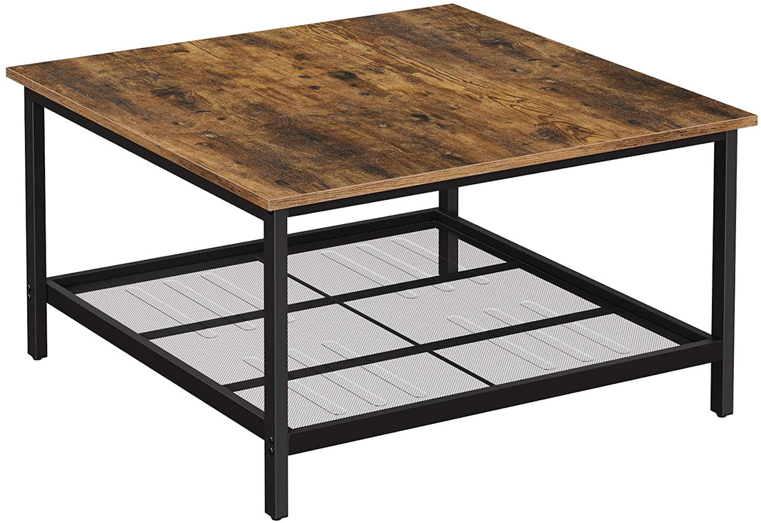 Robust Coffee Table Steel Frame and Mesh Storage Shelf, Rustic Brown and Black-Furniture &gt; Living Room-PEROZ Accessories