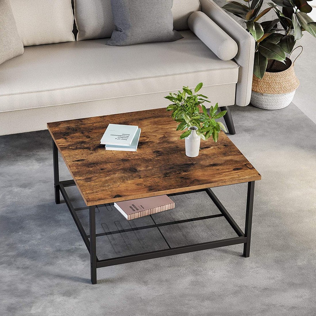 Robust Coffee Table Steel Frame and Mesh Storage Shelf, Rustic Brown and Black-Furniture &gt; Living Room-PEROZ Accessories