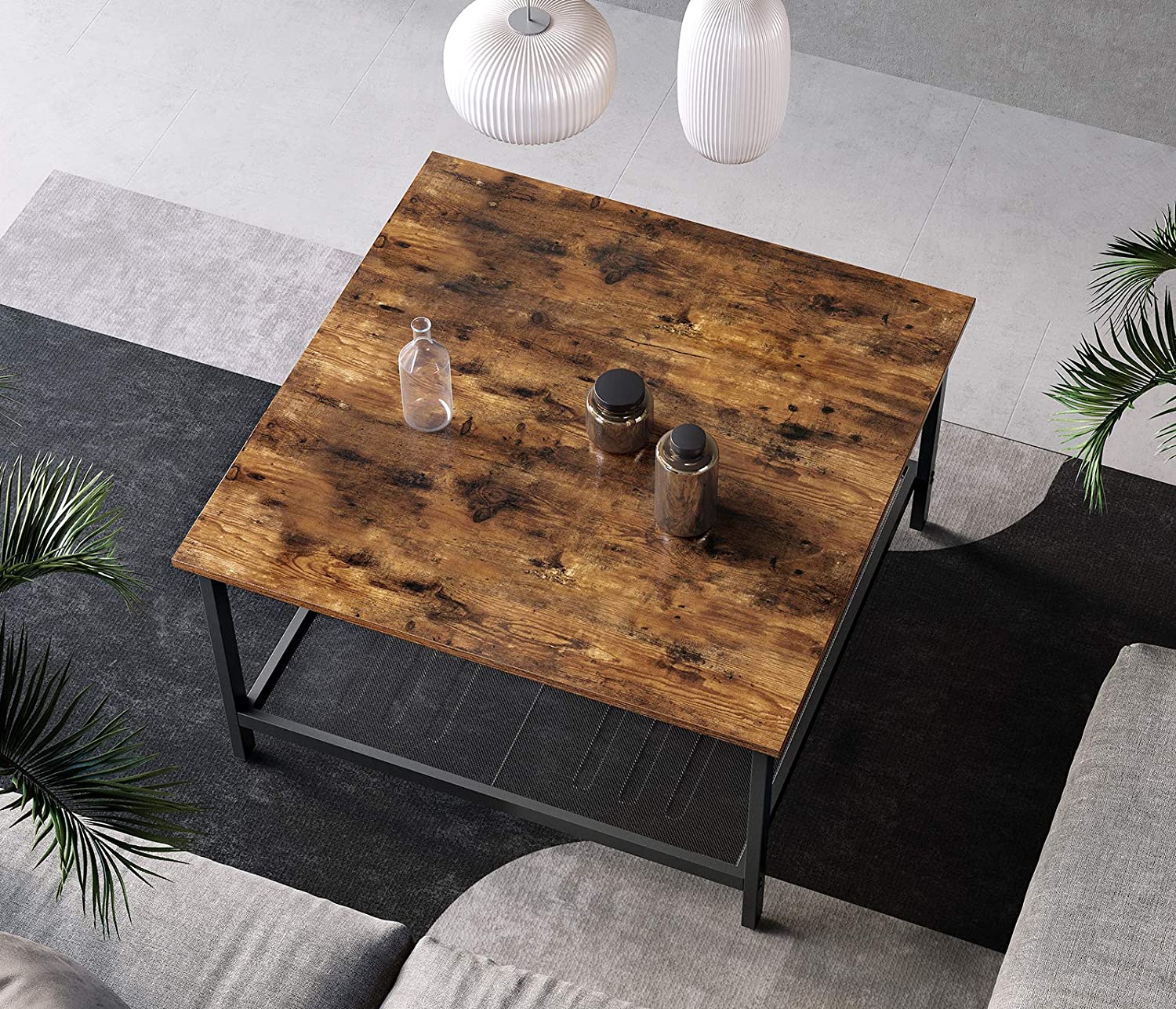 Robust Coffee Table Steel Frame and Mesh Storage Shelf, Rustic Brown and Black-Furniture &gt; Living Room-PEROZ Accessories