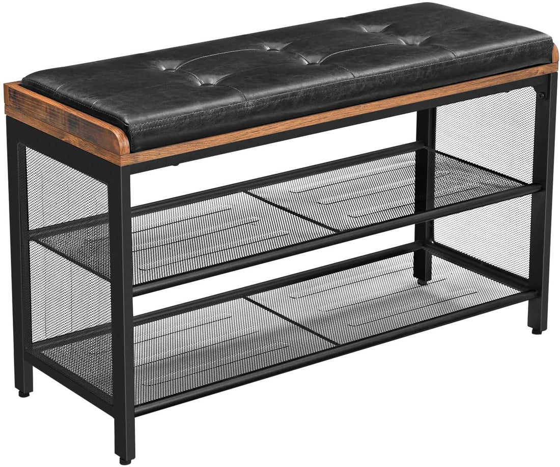 Shoe Bench with Mesh Shelf and Faux Leather Vintage Brown Black 80 x 30 x 48 cm-Furniture &gt; Living Room-PEROZ Accessories
