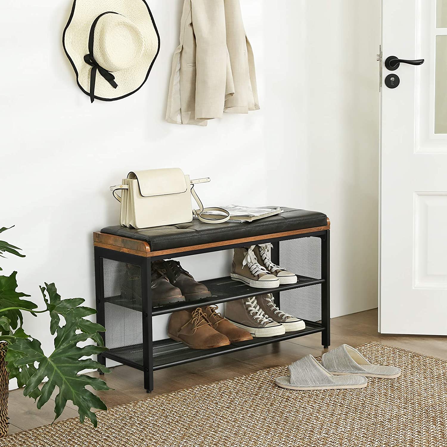 Shoe Bench with Mesh Shelf and Faux Leather Vintage Brown Black 80 x 30 x 48 cm-Furniture &gt; Living Room-PEROZ Accessories