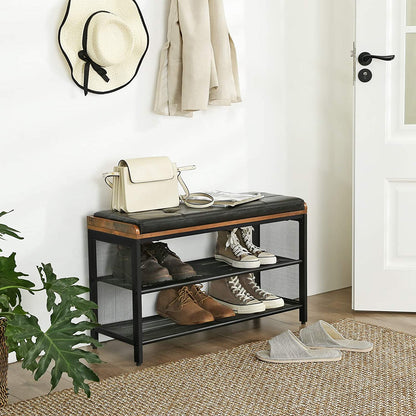 Shoe Bench with Mesh Shelf and Faux Leather Vintage Brown Black 80 x 30 x 48 cm-Furniture &gt; Living Room-PEROZ Accessories