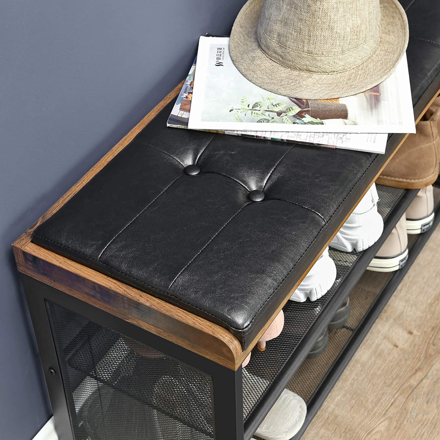 Shoe Bench with Mesh Shelf and Faux Leather Vintage Brown Black 80 x 30 x 48 cm-Furniture &gt; Living Room-PEROZ Accessories