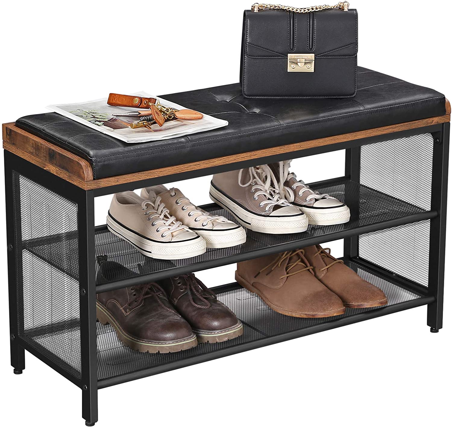 Shoe Bench with Mesh Shelf and Faux Leather Vintage Brown Black 80 x 30 x 48 cm-Furniture &gt; Living Room-PEROZ Accessories