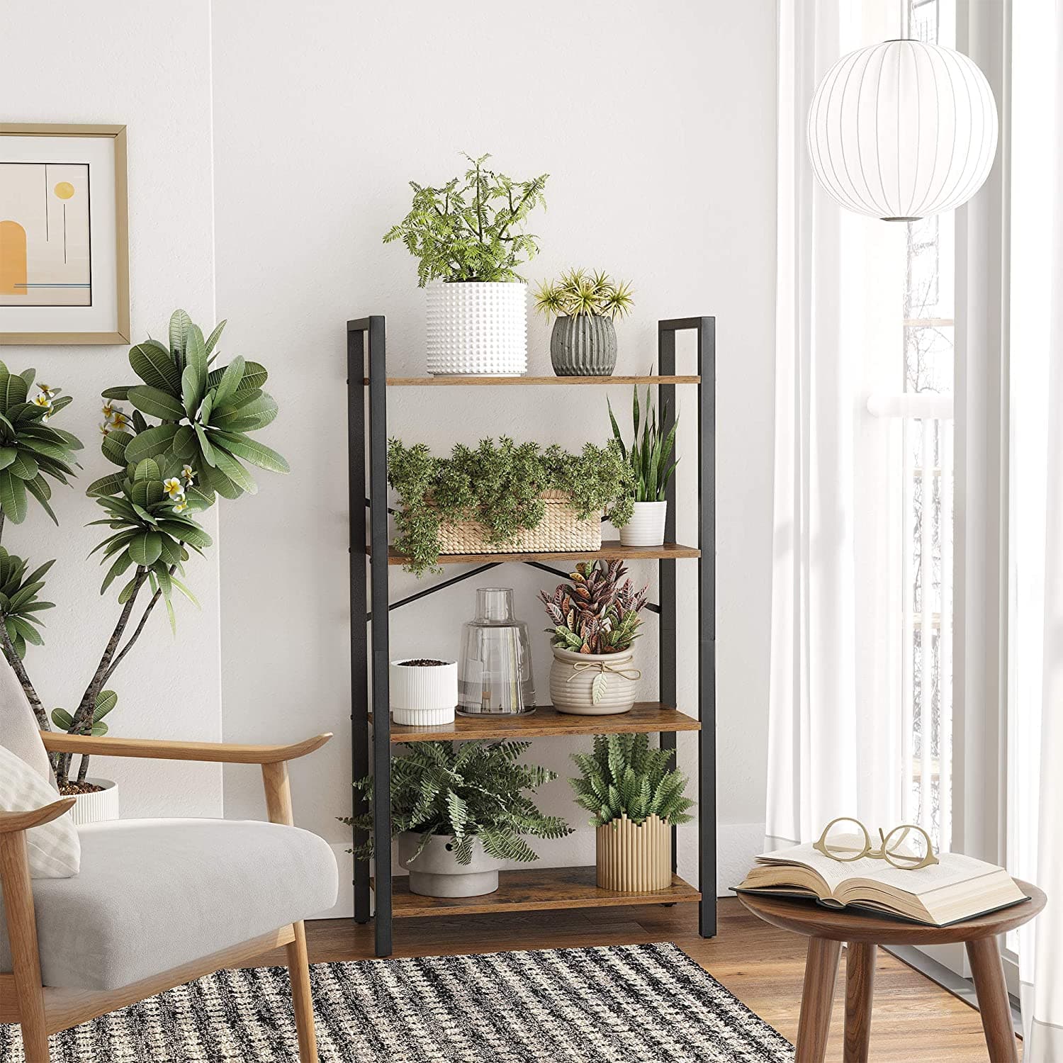 4-Tier Storage Rack with Steel Frame, 120 cm High, Rustic Brown and Black-Bookcases &amp; Shelves-PEROZ Accessories