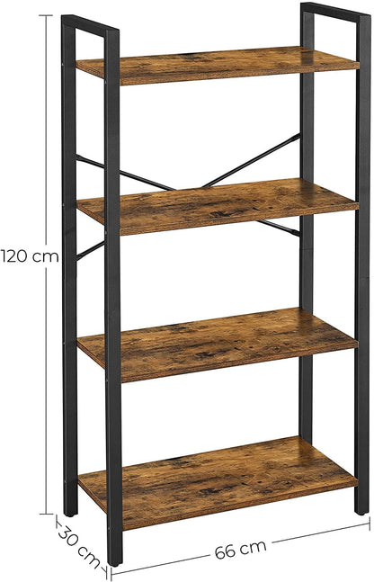 4-Tier Storage Rack with Steel Frame, 120 cm High, Rustic Brown and Black-Bookcases &amp; Shelves-PEROZ Accessories