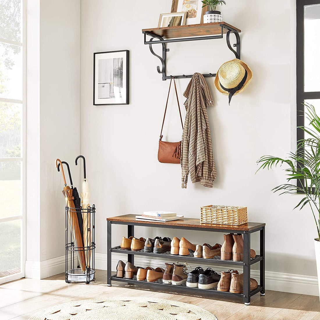 Shoe Rack with 2 Shelves 100 x 30 x 45 cm Rustic Brown and Black-Furniture &gt; Living Room-PEROZ Accessories