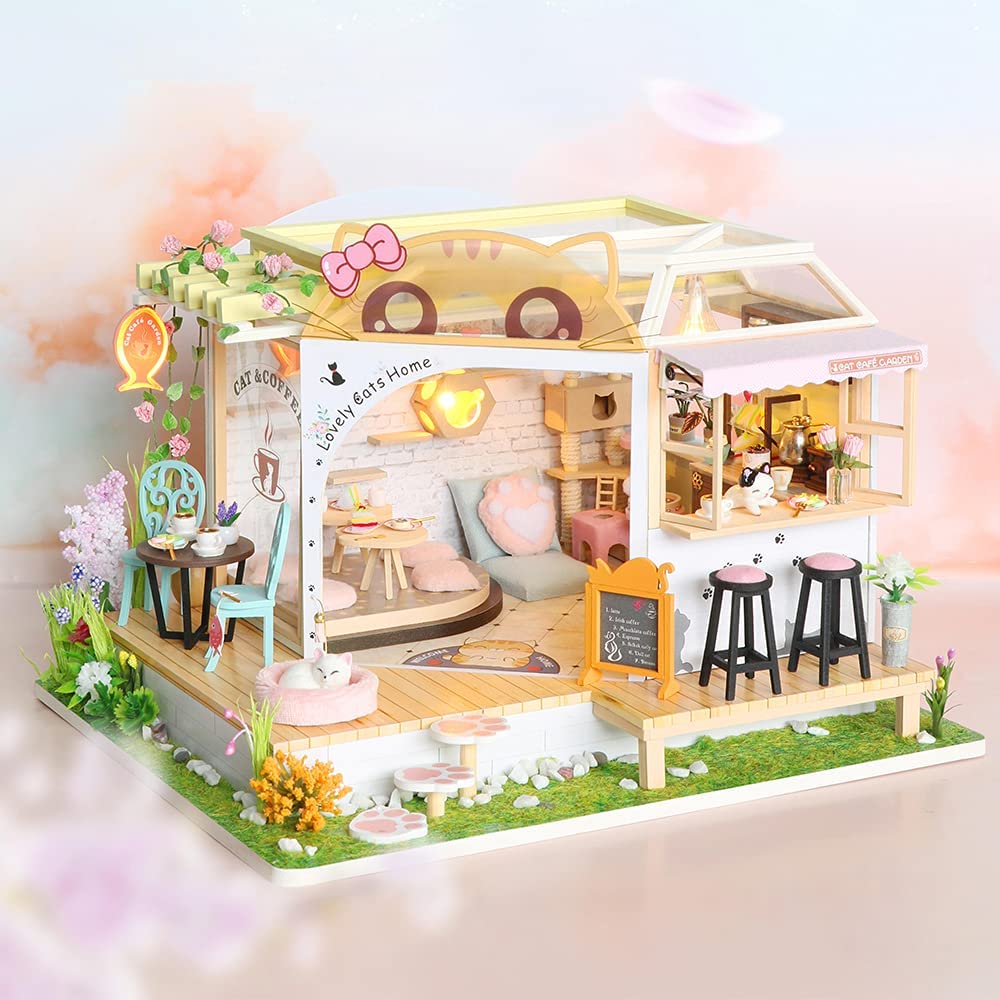 Dollhouse Miniature with Furniture Kit Plus Dust Proof and Music Movement - Cat Coffee (Valentine&