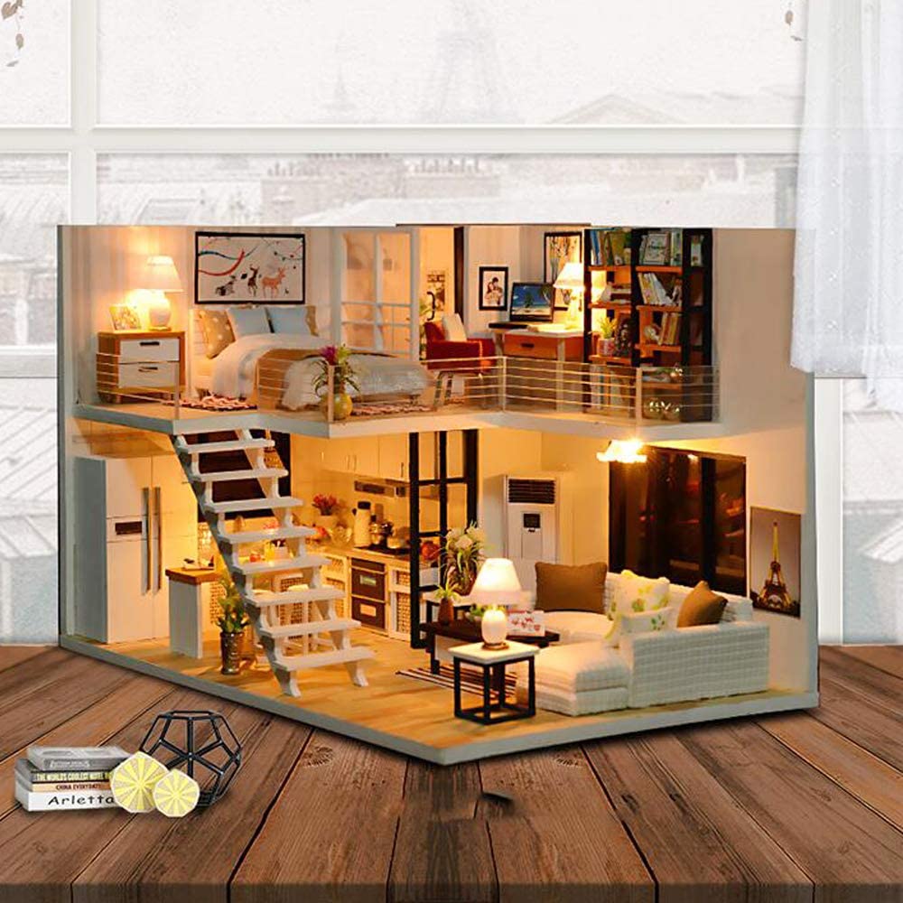 Dollhouse Miniature with Furniture Kit Plus Dust Proof and Music Movement - M9 (1:24 Scale Creative Room Idea)-Gift &amp; Novelty &gt; Games-PEROZ Accessories