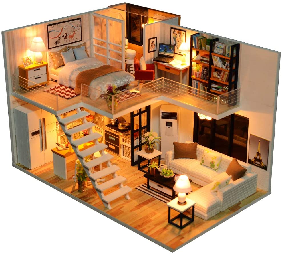 Dollhouse Miniature with Furniture Kit Plus Dust Proof and Music Movement - M9 (1:24 Scale Creative Room Idea)-Gift &amp; Novelty &gt; Games-PEROZ Accessories