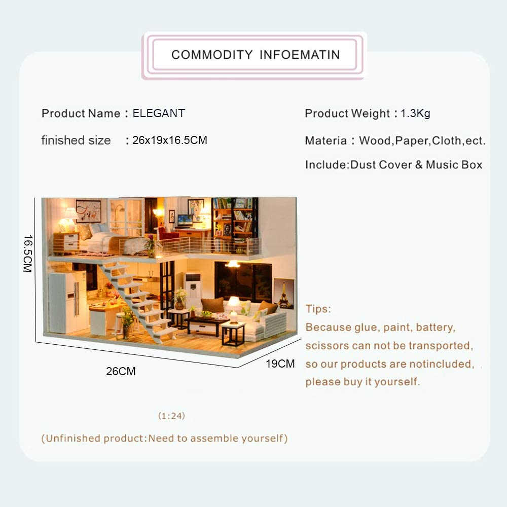 Dollhouse Miniature with Furniture Kit Plus Dust Proof and Music Movement - M9 (1:24 Scale Creative Room Idea)-Gift &amp; Novelty &gt; Games-PEROZ Accessories