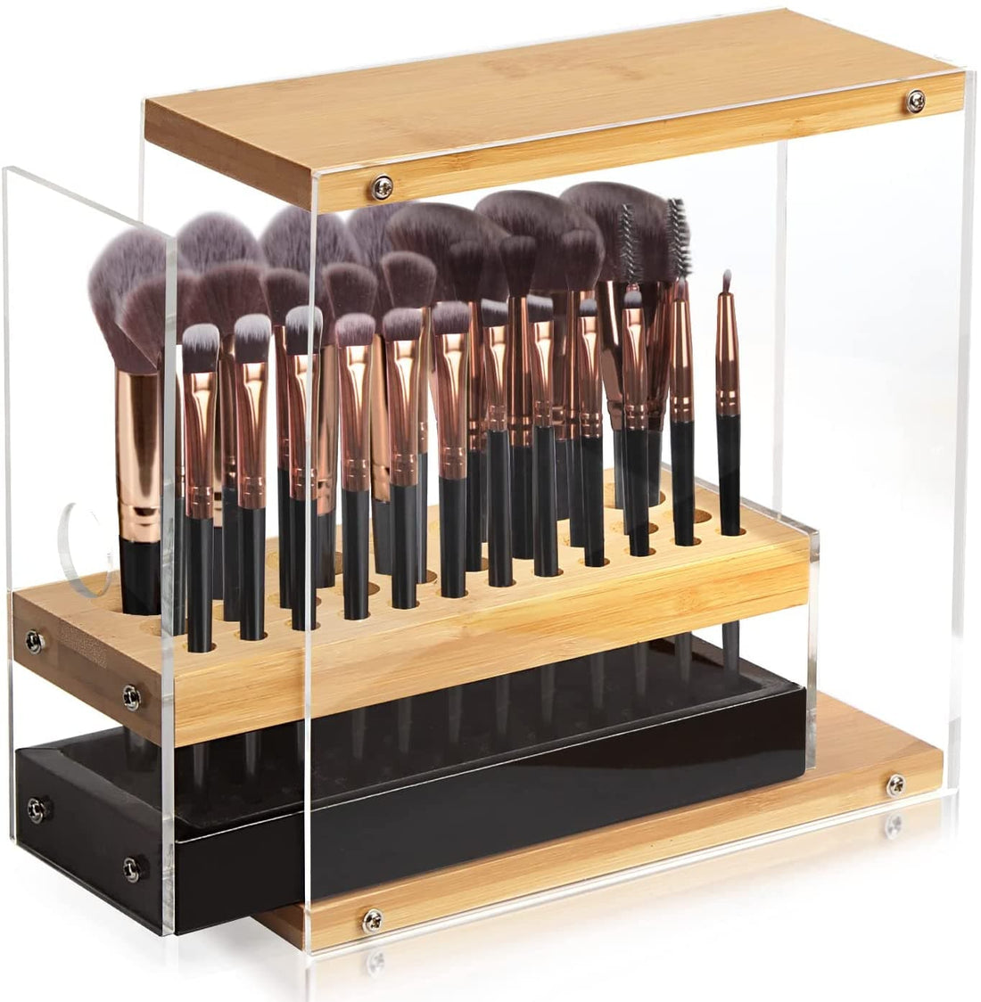 31 Holes Acrylic Bamboo Brush Holder Organiser Beauty Cosmetic Display Stand with Leather Drawer Black (22.3 x 8.6 x 21.5 cm)-Health &amp; Beauty &gt; Cosmetic Storage-PEROZ Accessories