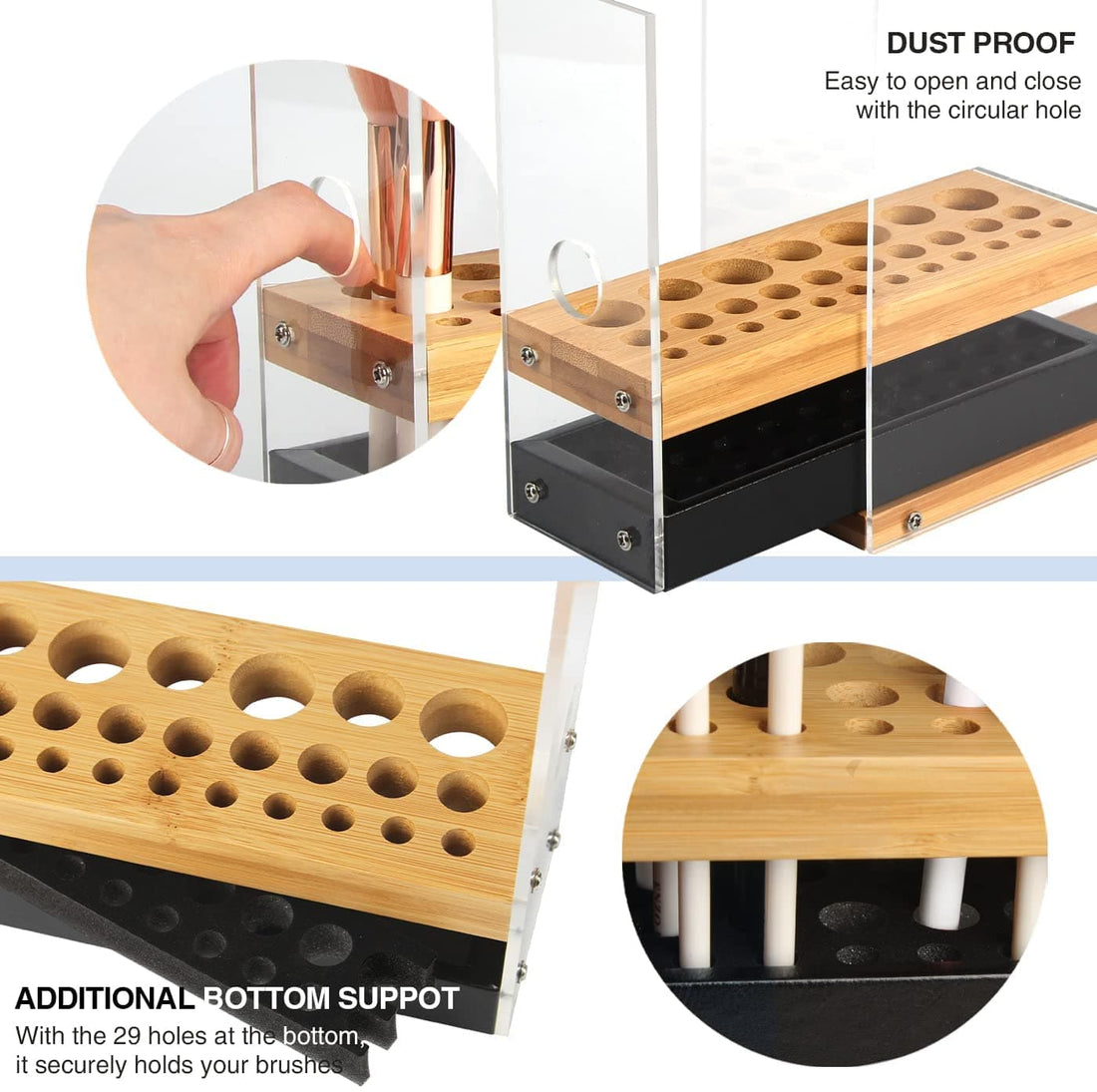 31 Holes Acrylic Bamboo Brush Holder Organiser Beauty Cosmetic Display Stand with Leather Drawer Black (22.3 x 8.6 x 21.5 cm)-Health &amp; Beauty &gt; Cosmetic Storage-PEROZ Accessories