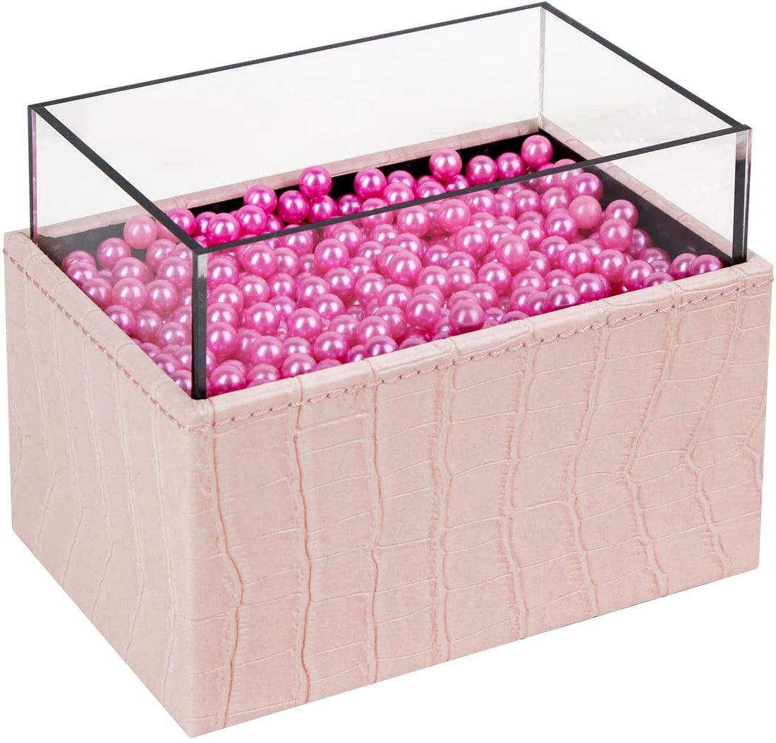 Leather Makeup Brush Cosmetic Organiser Storage Box with Pink Pearls and Acrylic Cover (Pink)-Health &amp; Beauty &gt; Cosmetic Storage-PEROZ Accessories