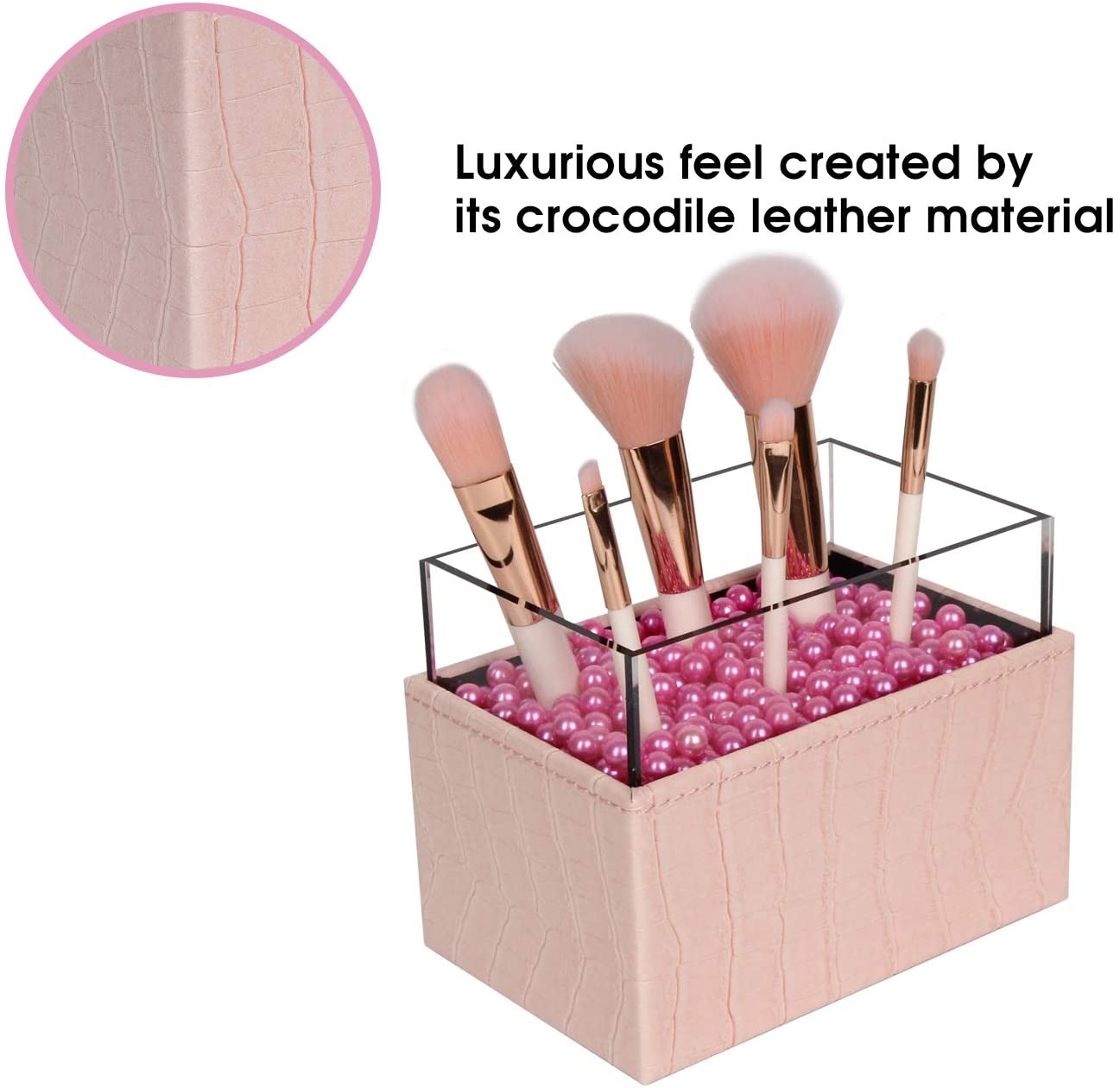 Leather Makeup Brush Cosmetic Organiser Storage Box with Pink Pearls and Acrylic Cover (Pink)-Health &amp; Beauty &gt; Cosmetic Storage-PEROZ Accessories