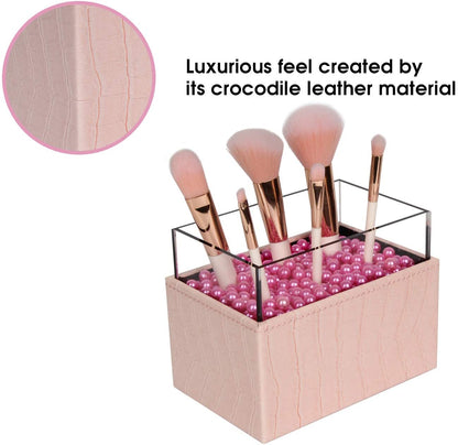 Leather Makeup Brush Cosmetic Organiser Storage Box with Pink Pearls and Acrylic Cover (Pink)-Health &amp; Beauty &gt; Cosmetic Storage-PEROZ Accessories